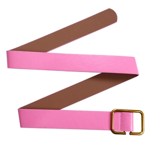 Close-up of a pink and brown reversible leather belt with a square gold buckle