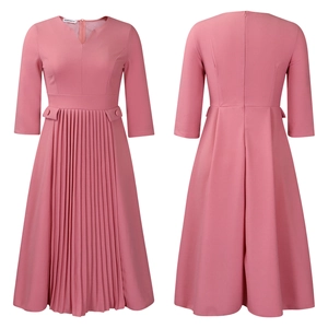 Detailed front and back views of a pink V-neck pleated midi dress with stylish belted waist