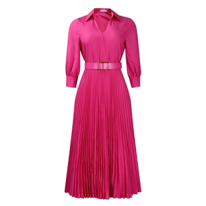 Detailed view of the rose red pleated dress featuring a shirt collar and golden buckle belt