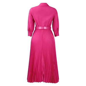 Detailed back view of a magenta long-sleeve pleated dress with a matching waist belt