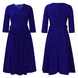Front and back view of royal blue V-neck midi dress with pleated skirt and 3/4 sleeves