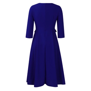 Back view of royal blue A-line dress showing the invisible zipper and three-quarter sleeves