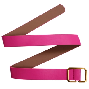 Detail of fuchsia leather high-waisted belt featuring a square gold metal buckle clasp