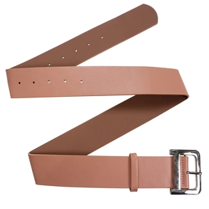Detailed shot of brown faux leather belt featuring a silver square buckle and neat stitching