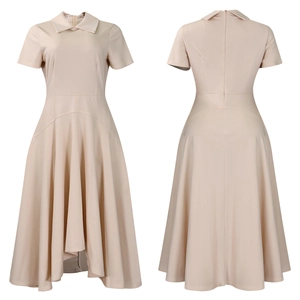 Vues détaillées avant et arrière d'une robe longue beige cintrée à manches courtes
