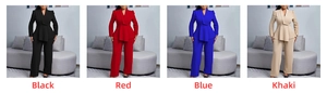 Detail of elegant peplum blazer and wide-leg trousers set in four distinct colors