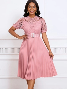 Women Elegant Lace Patchwork Pleated Midi Dress With Belt Round Neck Puff Short Sleeve High Waist A-Line Party Gown