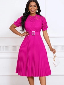 Elegant fuchsia short sleeve lace patchwork pleated dress with belt for women