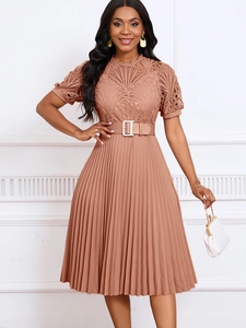 Short sleeve camel pleated dress with lace patchwork and belted waist for women