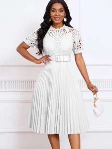 Elegant white short sleeve lace pleated dress with matching belt for women