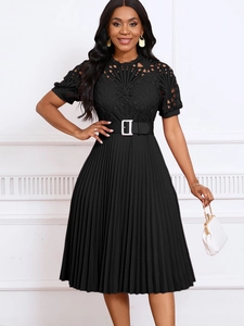 Women's black lace short sleeve pleated dress with belt and intricate hollow patterns