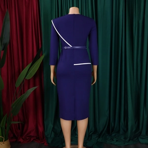 Back view of a slim fit purple dress with white piping and heart buckle belt