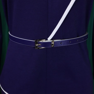 Close-up of purple ribbed fabric with gold buckle belt and white stripe detail