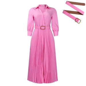 Detail of pink pleated maxi dress with gold buckle belt and elegant lapel neckline