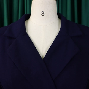 Detail van een donkerblauwe pak kraag met revers op een stijlvolle geplooide jurk