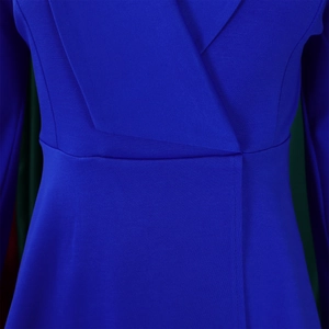 Detail of royal blue blazer with elegant V-neck overlap and slim waist tailoring