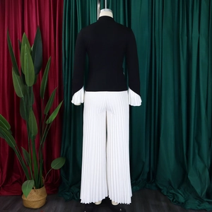 Detail of pleated wide-leg trousers and flared bell sleeves on a two-piece fashion set