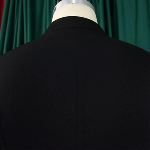 Detail showing back stitching and collar tailoring of a black business suit jacket