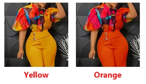 Vue détaillée du haut à manches bouffantes imprimé et du pantalon slim à taille haute