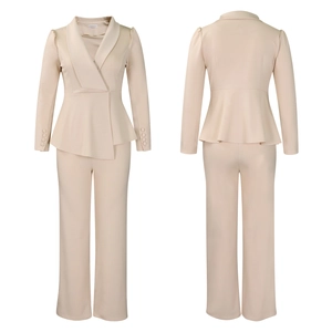 Front and back views of elegant beige ruffle hem blazer and wide leg pants set