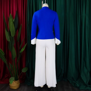 Detail view of royal blue blazer back with flared white pleated cuffs and trousers