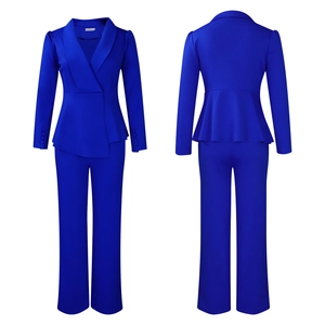 Front and back view of elegant royal blue blazer set with peplum hem and trousers