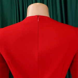 Vue macro de la fermeture éclair invisible au dos de cette robe plissée rouge pour femme