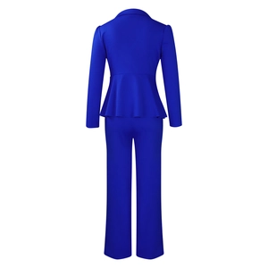 Back view of elegant royal blue two-piece set with peplum hem top and trousers