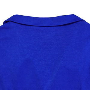 Close-up of royal blue ruffle top showing collar detail and premium knit fabric texture