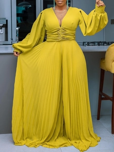 Tuta Elegante da Donna a Gamba Larga Plissettata Mesh Perline Scollo a V Maniche a Lanterna Vita Alta Tuta Lunga Festa