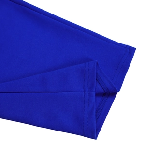 Detailed close-up of double-needle stitching on royal blue knitted fabric cuff and hem