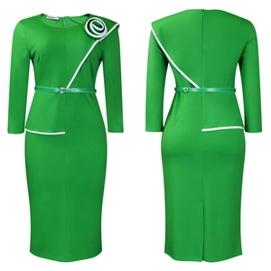 Green long sleeve pencil dress with white rose shoulder detail and front contrast piping