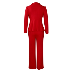 Detail view of red formal suit back featuring peplum waist blazer and straight leg pants