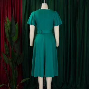 Back view of elegant emerald green square neck maxi dress with ruffled short sleeves