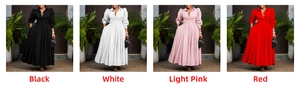 Collage of long sleeve flare shirt dresses in black, white, light pink and red colors