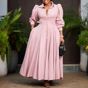 Detail of elegant pink long sleeve dress with button-down collar and cinched waist