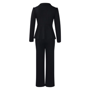 Rear view of elegant black peplum blazer set with long sleeves and wide leg trousers