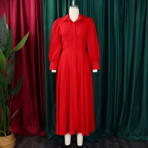 Detail of red long-sleeved dress featuring shirt collar, buttons, and flared A-line skirt