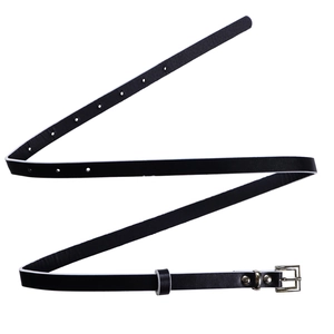 Detail of a slim black leather belt featuring a silver square pin buckle on white background