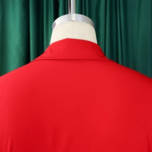Close-up of the red long-sleeve dress showing high-quality fabric texture and smooth back tailoring