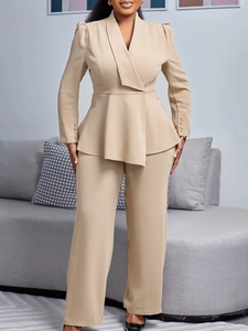 Elegant Women Peplum Top And Wide Leg Pants Two Piece Outfit Solid Color Office Lady Long Sleeve Polyester Fashion Suit