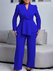 Elegant royal blue two-piece set featuring V-neck peplum blazer and matching trousers