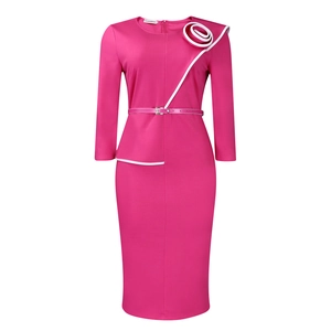 Detail of rose red sheath dress with unique white 3D flower and diagonal accent line
