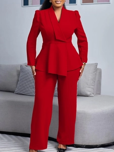 Elegant red two-piece women's set with peplum blazer and straight-leg trousers