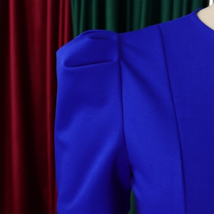 Detailed close-up of Royal Blue dress featuring textured fabric and pleated puff sleeves