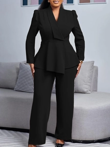 Elegant black two-piece women's office suit with peplum waist blazer and straight trousers