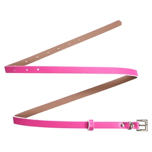 Close-up of a slim pink fashion belt with a polished silver rectangular metal buckle