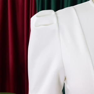 Detail of elegant white puff sleeve ruffles and tailored shoulder design on dress