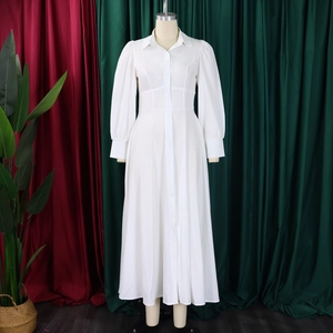 Detail of elegant white long-sleeved shirt dress featuring a lapel collar and button front
