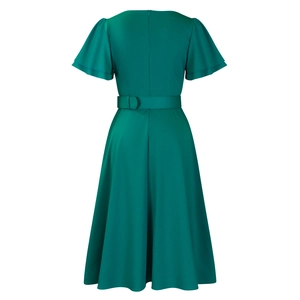 Back view of dark green A-line dress featuring invisible zipper and waist belt detail